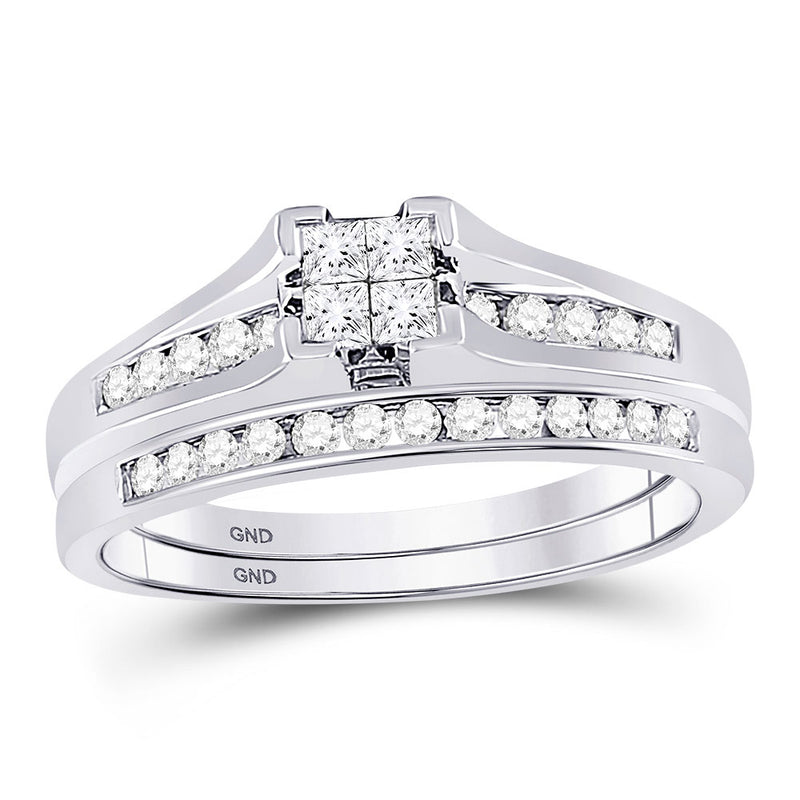 14kt White Gold Princess Diamond Bridal Wedding Ring Band Set 1/2 Cttw