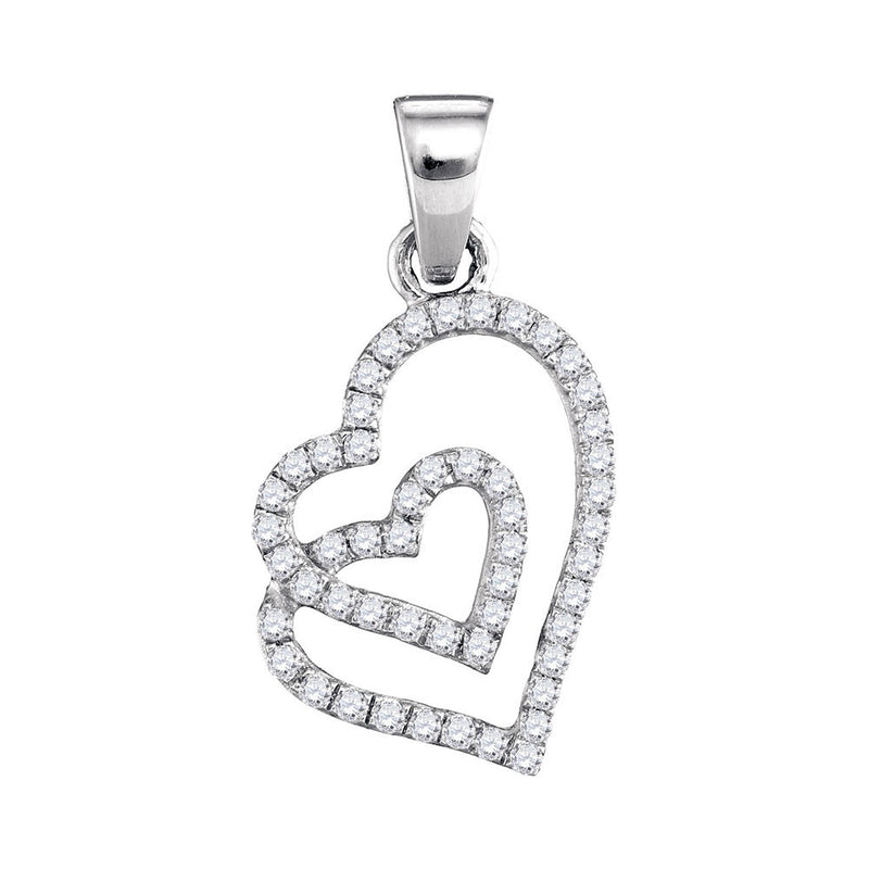 10kt White Gold Womens Round Diamond Double Heart Pendant 1/4 Cttw