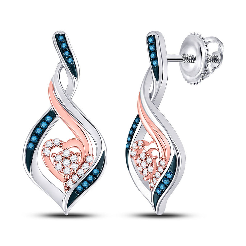 10kt White Gold Womens Round Blue Color Enhanced Diamond Rose-tone Heart Earrings 1/6 Cttw