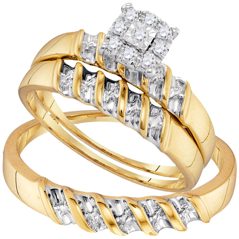 10kt Yellow Gold His Hers Round Diamond Solitaire Matching Wedding Set 1/8 Cttw