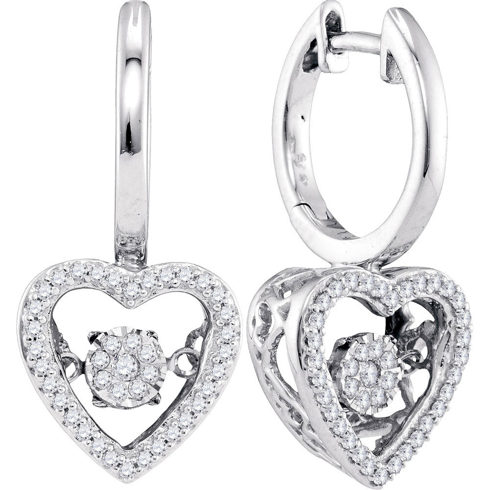 10kt White Gold Womens Round Diamond Heart Moving Twinkle Dangle Earrings 1/4 Cttw