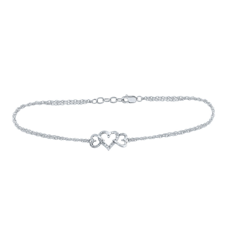 Sterling Silver Womens Round Diamond Triple Heart Bracelet 1/10 Cttw