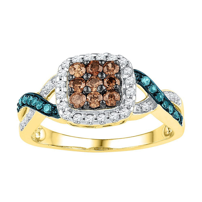 10kt Yellow Gold Womens Round Brown Blue Color-Enhanced Diamond Square Ring 1/2 Cttw