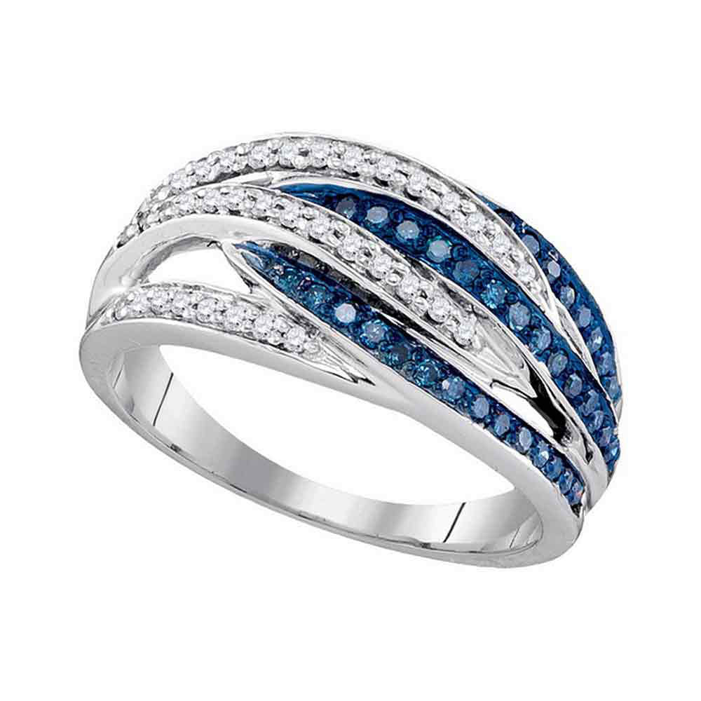 10kt White Gold Womens Round Blue Color Enhanced Diamond Striped Band Ring 3/8 Cttw