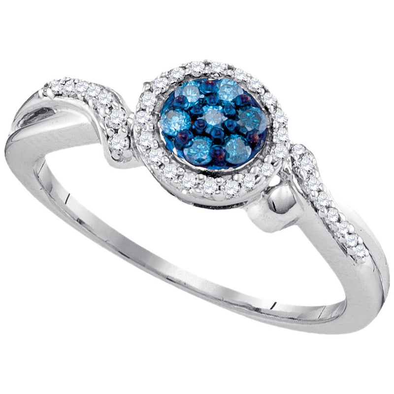 10kt White Gold Womens Round Blue Color Enhanced Diamond Cluster Ring 1/4 Cttw