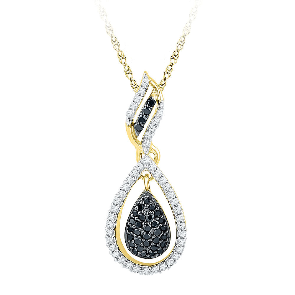 10kt Yellow Gold Womens Round Black Color Enhanced Diamond Teardrop Pendant 1/3 Cttw