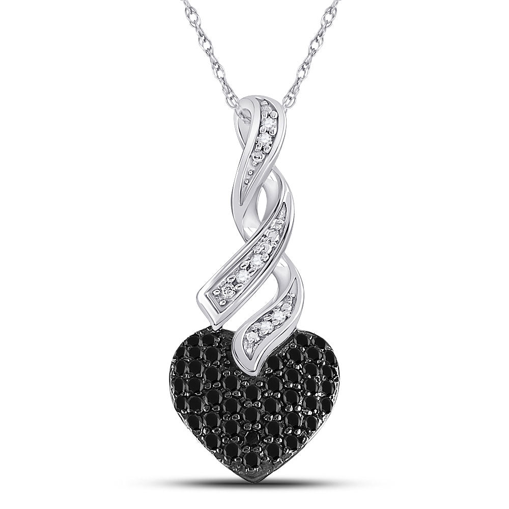 10kt White Gold Womens Round Black Color Enhanced Diamond Heart Pendant 1/3 Cttw