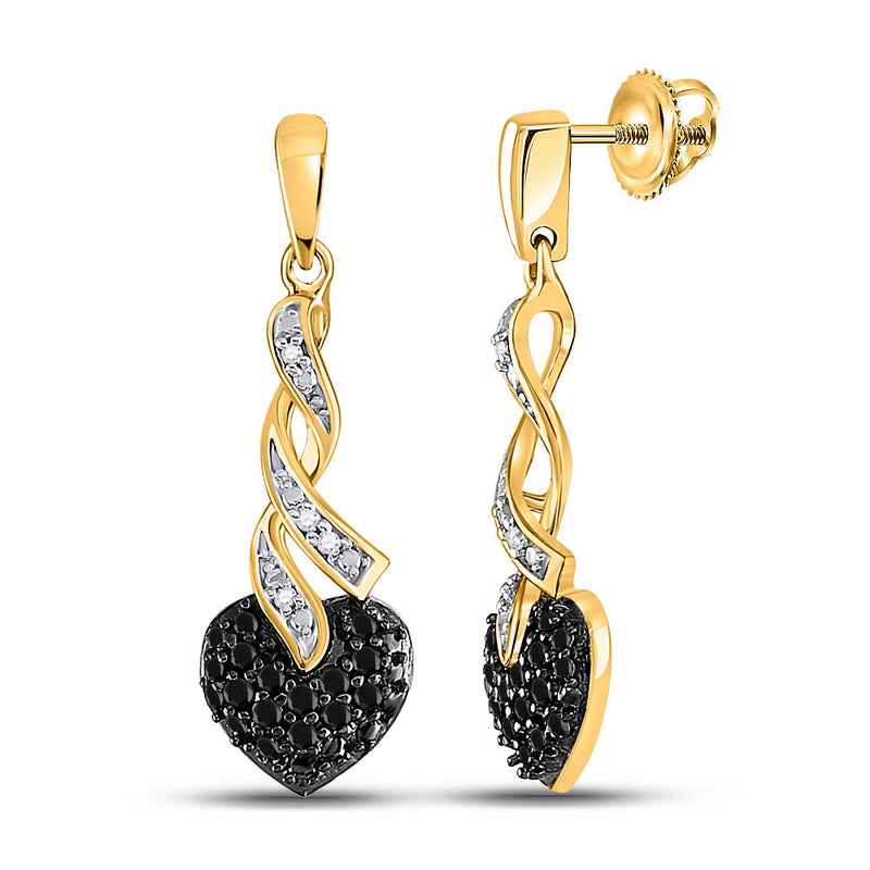 10kt Yellow Gold Womens Round Black Color Enhanced Diamond Heart Earrings 1/5 Cttw