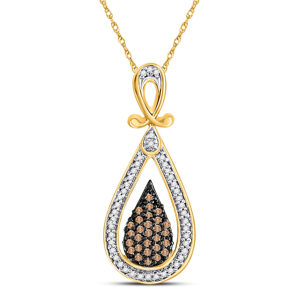 10kt Yellow Gold Womens Round Brown Diamond Teardrop Cluster Pendant 1/4 Cttw