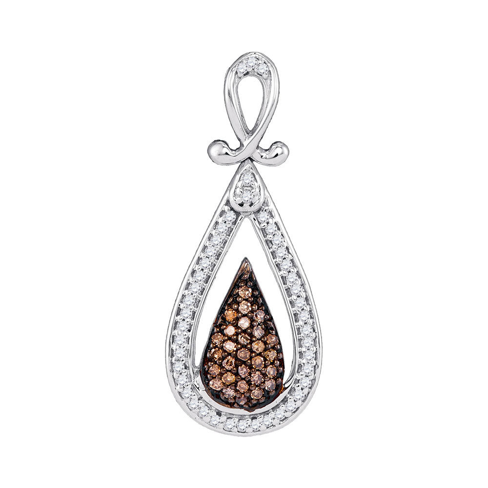 10kt White Gold Womens Round Brown Diamond Teardrop Cluster Pendant 1/4 Cttw