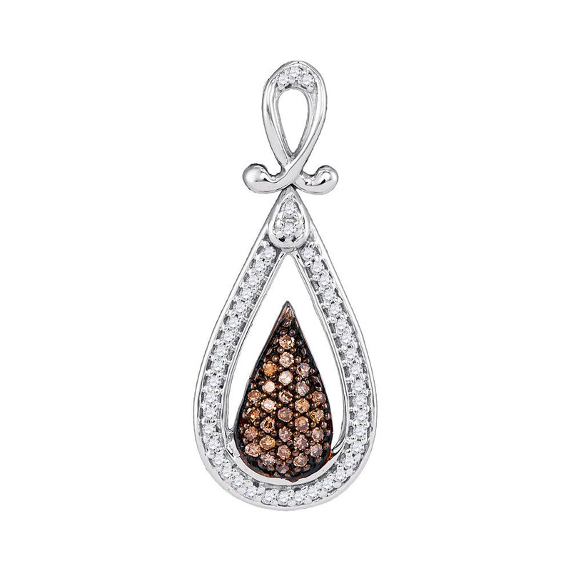 10kt White Gold Womens Round Brown Diamond Teardrop Cluster Pendant 1/4 Cttw