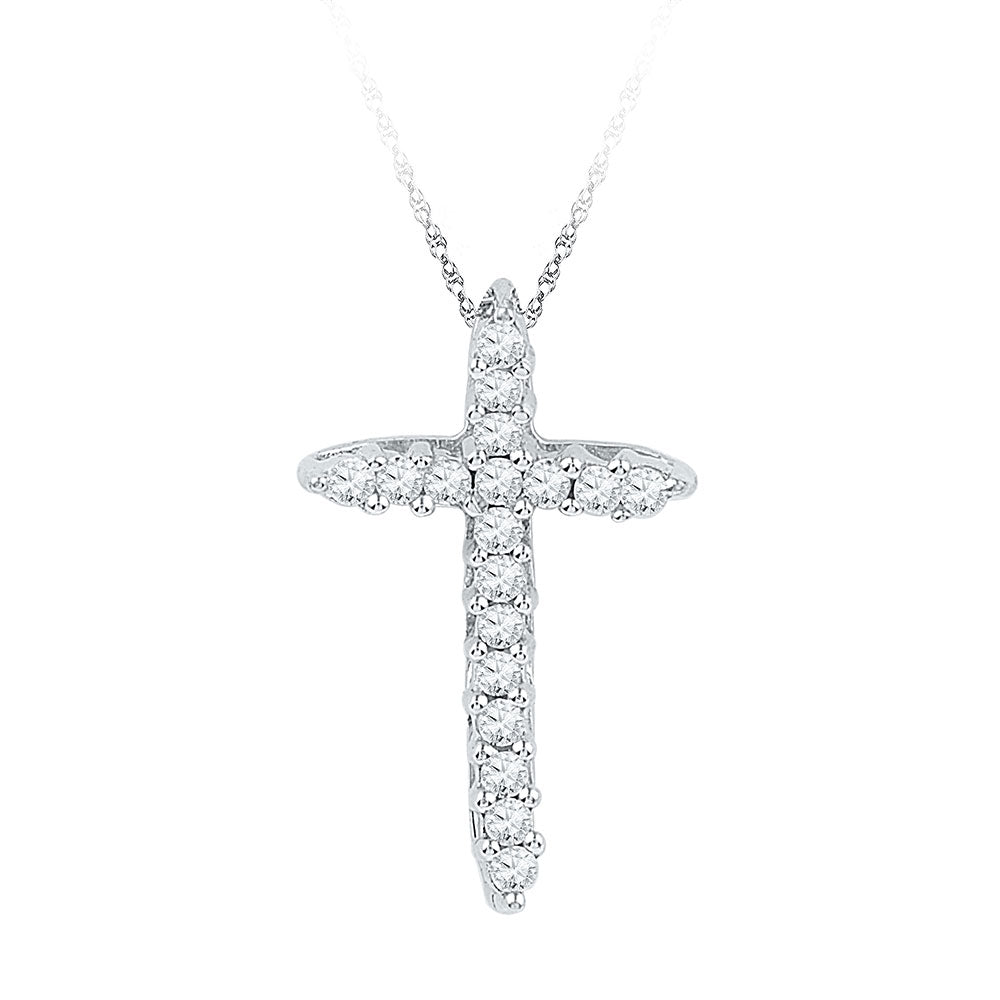 10kt White Gold Womens Round Diamond Cross Religious Pendant 1/4 Cttw