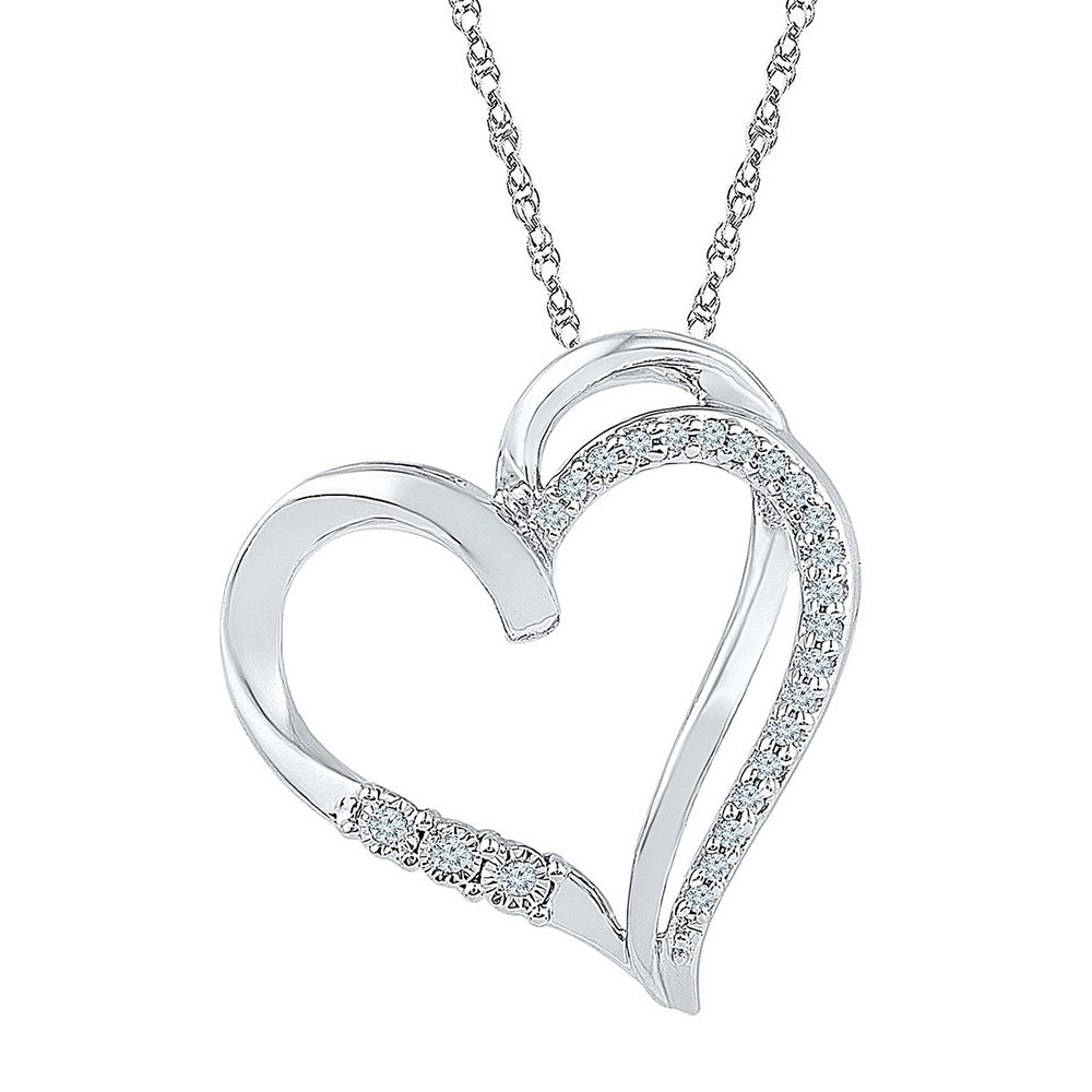 Sterling Silver Womens Round Diamond Heart Pendant 1/10 Cttw