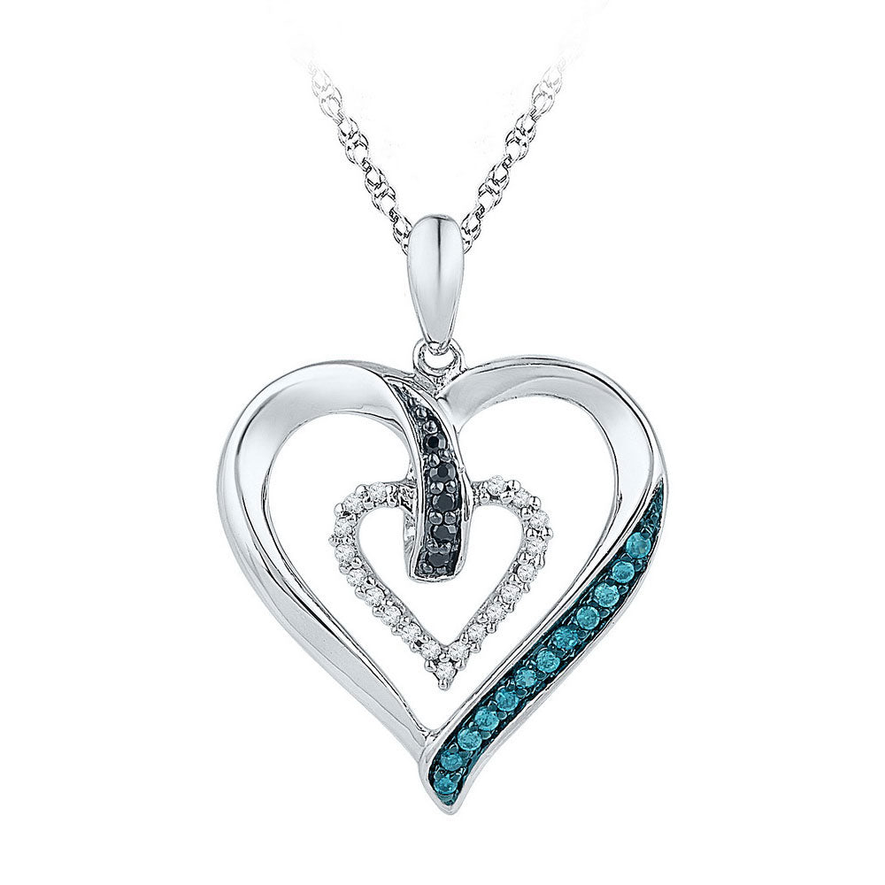 10kt White Gold Womens Round Black Blue Color Enhanced Diamond Heart Pendant 1/6 Cttw