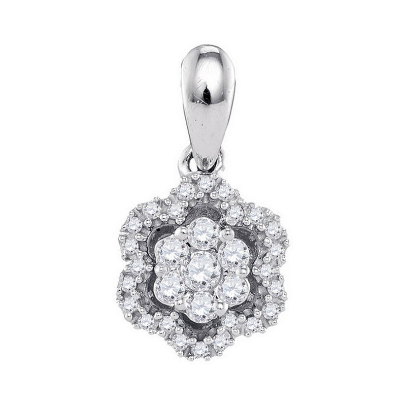 10kt White Gold Womens Round Diamond Flower Cluster Pendant 1/5 Cttw