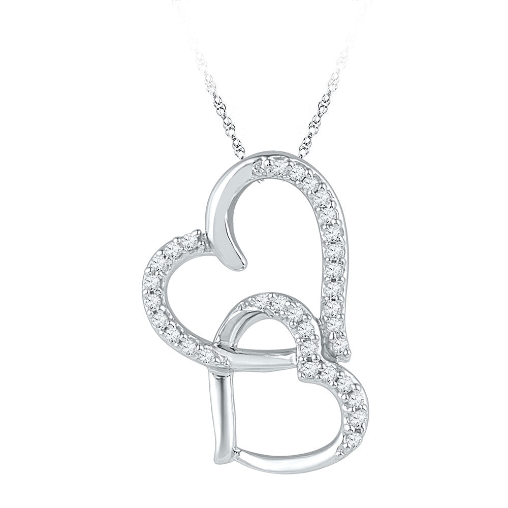 10kt White Gold Womens Round Diamond Linked Double Heart Pendant 1/10 Cttw