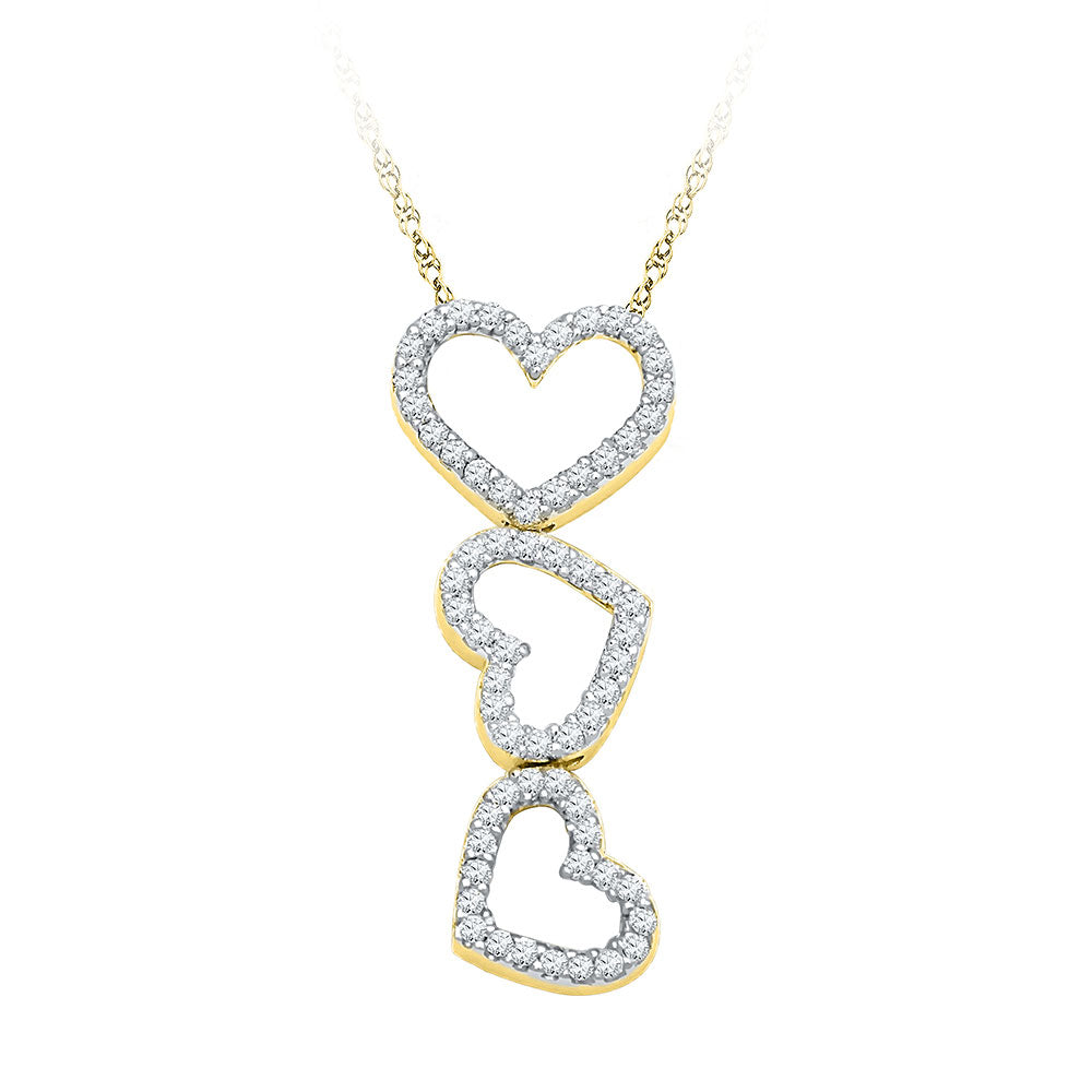 10kt Yellow Gold Womens Round Diamond Triple Cascading Heart Outline Pendant 1/5 Cttw