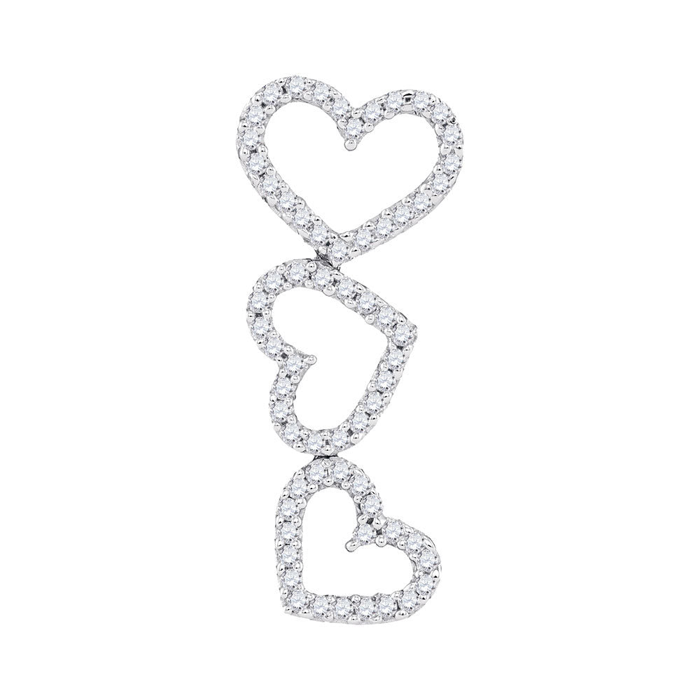 10kt White Gold Womens Round Diamond Triple Cascading Heart Outline Pendant 1/5 Cttw