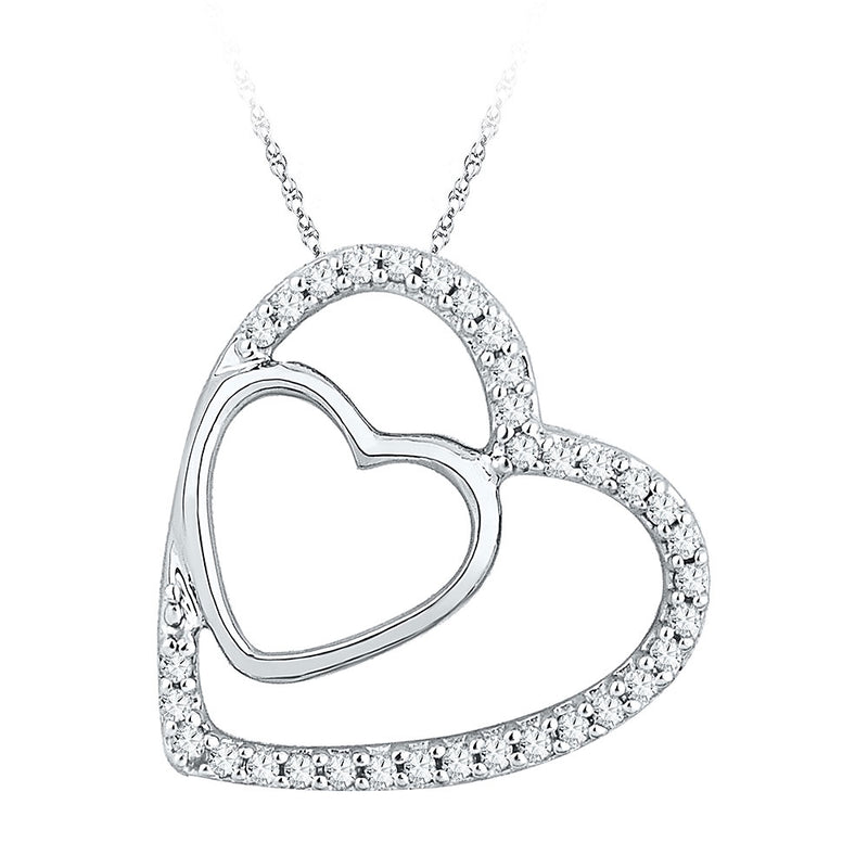 10kt White Gold Womens Round Diamond Double Heart Pendant 1/8 Cttw