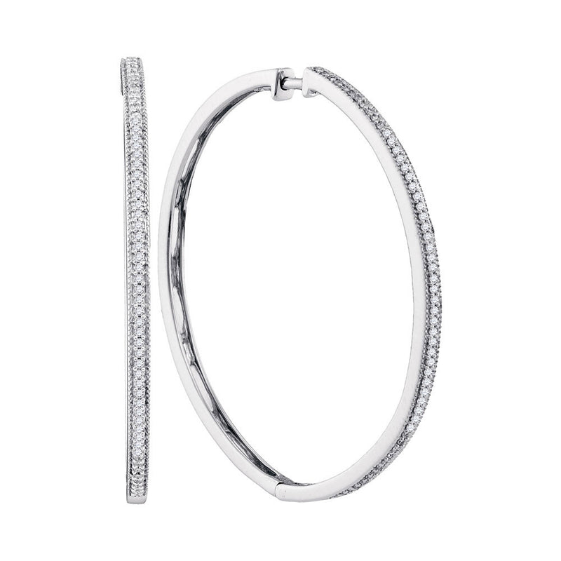 10kt White Gold Womens Round Diamond Slender Large Milgrain Hoop Earrings 1/3 Cttw