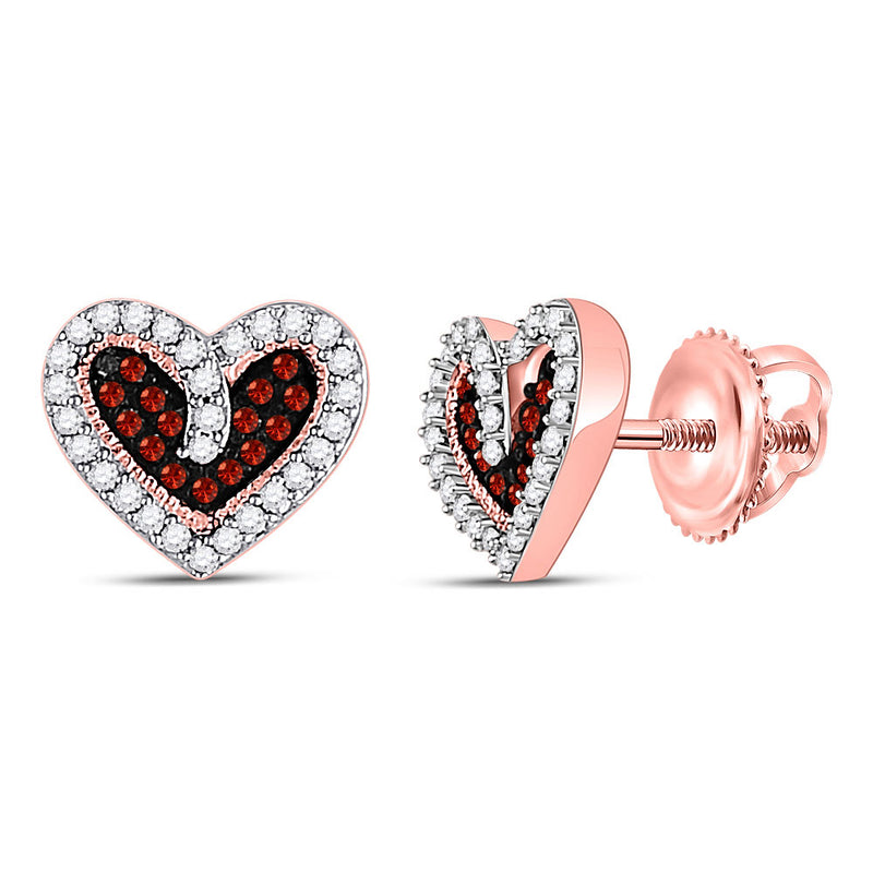 10kt Rose Gold Womens Round Red Color Enhanced Diamond Heart Stud Earrings 1/5 Cttw