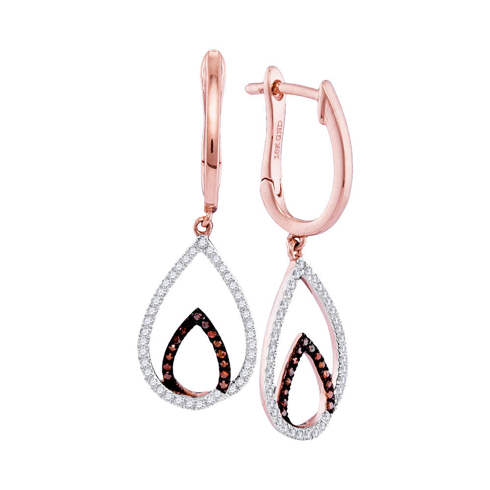 10kt Rose Gold Womens Round Red Color Enhanced Diamond Teardrop Dangle Hoop Earrings 1/4 Cttw