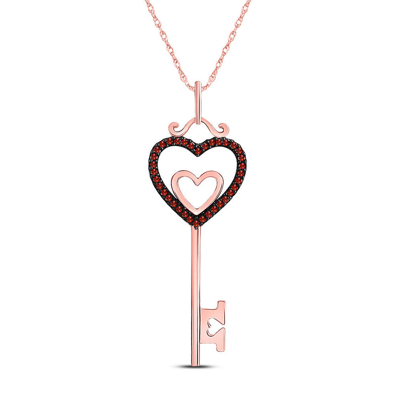 10kt Rose Gold Womens Round Red Color Enhanced Diamond Heart Key Pendant 1/10 Cttw