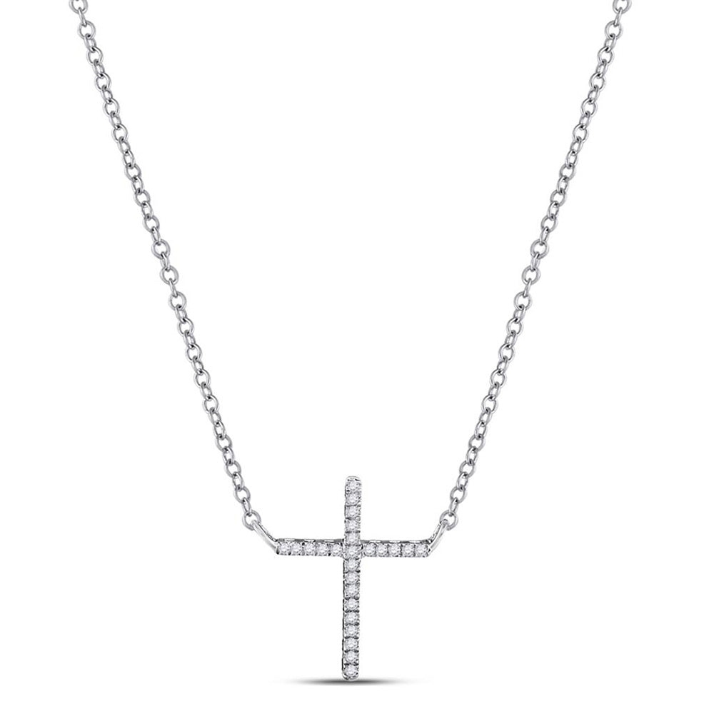 10kt White Gold Womens Round Diamond Cross Religious Pendant Necklace 1/12 Cttw