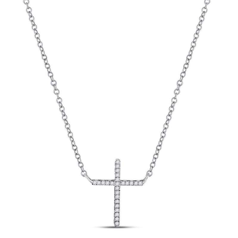 10kt White Gold Womens Round Diamond Cross Religious Pendant Necklace 1/12 Cttw