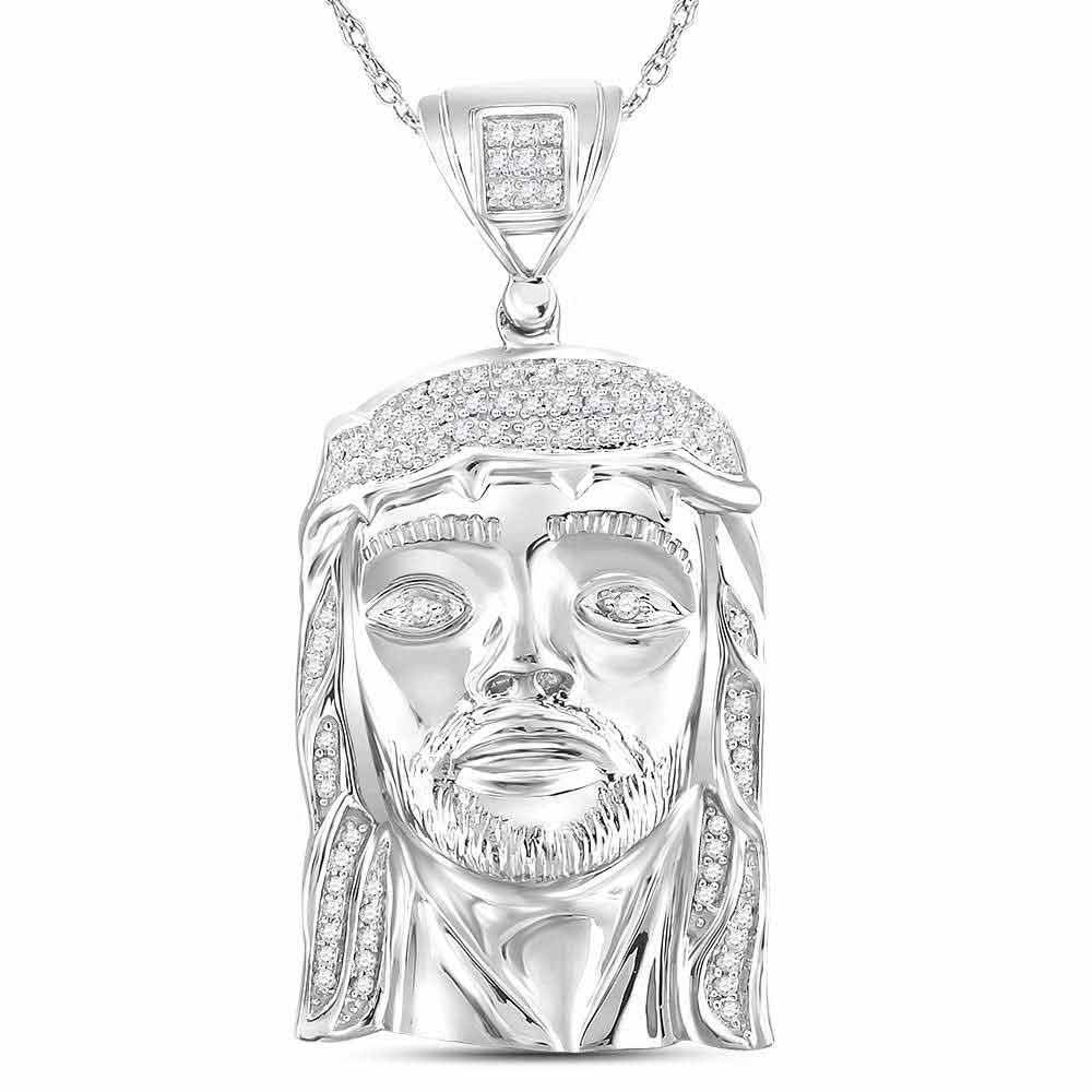 10kt White Gold Mens Round Diamond Jesus Face Charm Pendant 1/4 Cttw