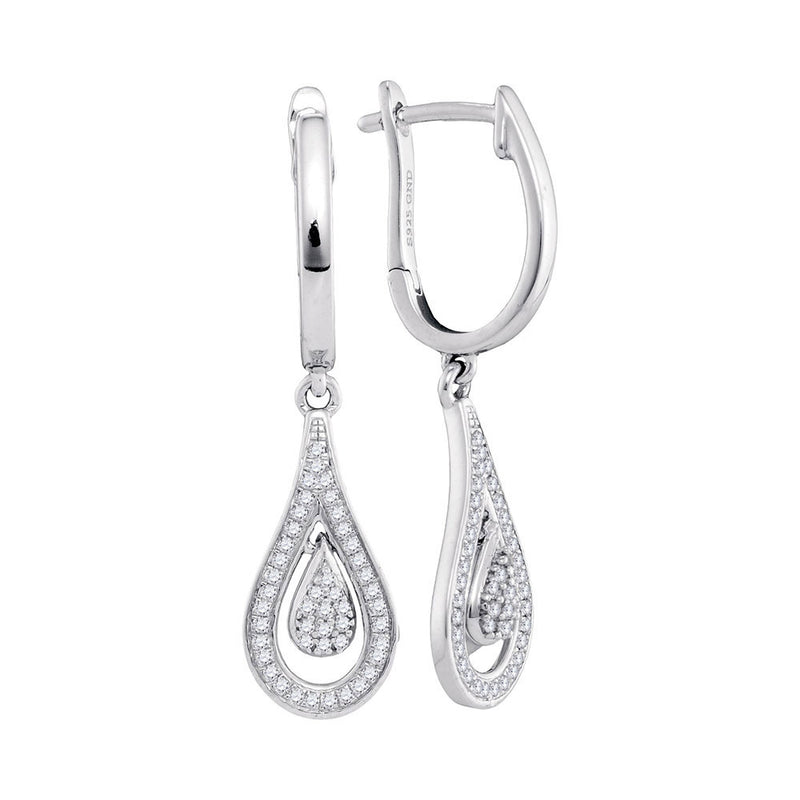 10kt White Gold Womens Round Diamond Cluster Teardrop Dangle Earrings 1/5 Cttw