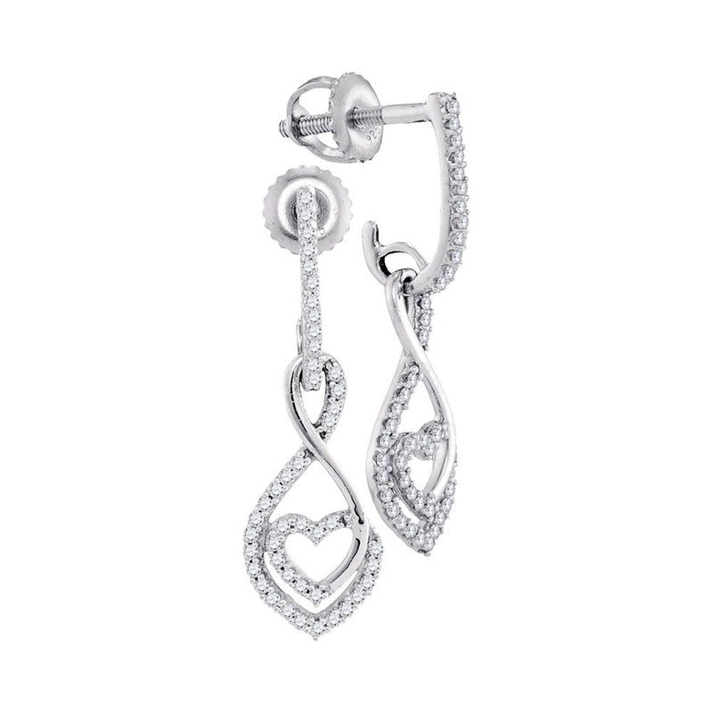 10kt White Gold Womens Round Diamond Heart Dangle Earrings 1/4 Cttw