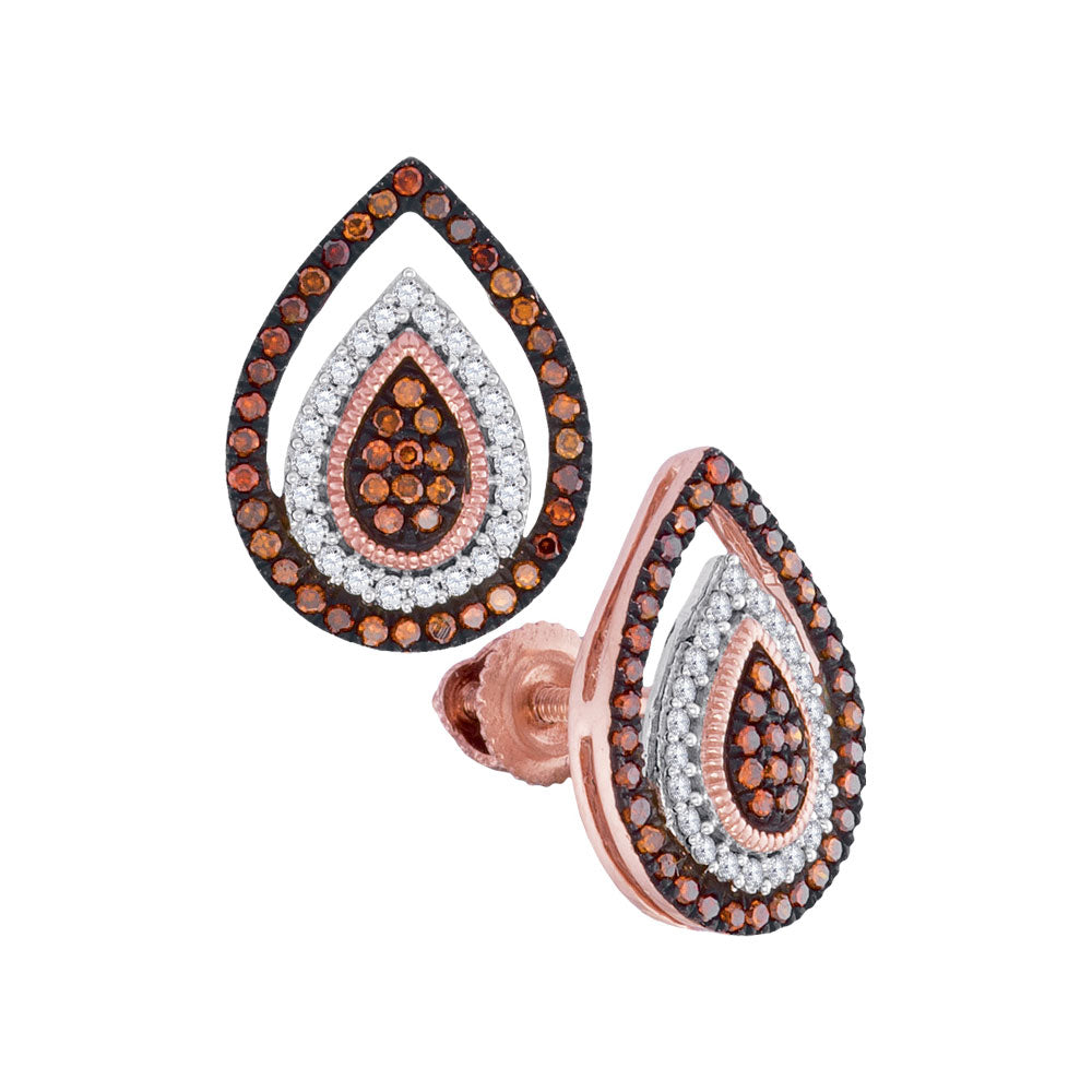 10kt Rose Gold Womens Round Red Color Enhanced Diamond Teardrop Cluster Earrings 1/3 Cttw