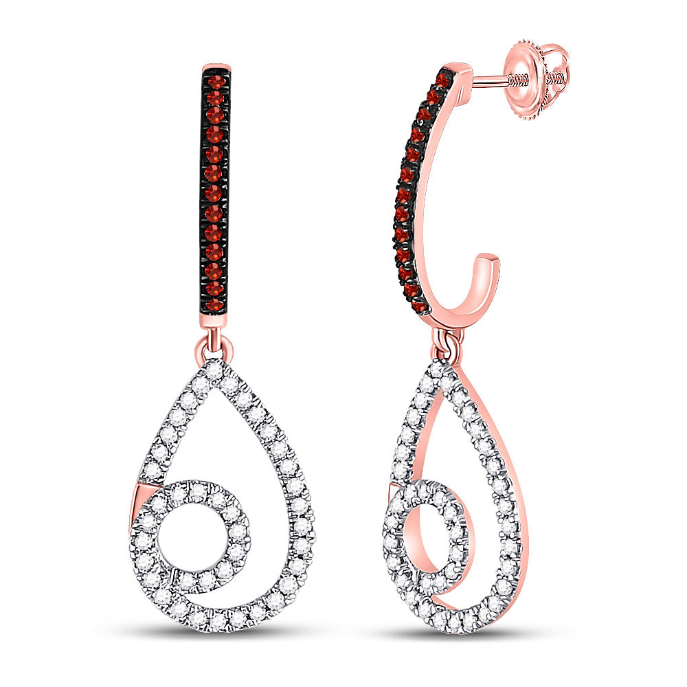 10kt Rose Gold Womens Round Red Color Enhanced Diamond Teardrop Dangle Earrings 1/4 Cttw