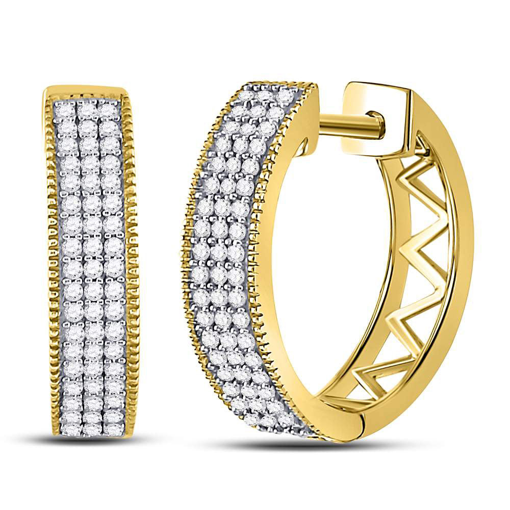 10kt Yellow Gold Womens Round Diamond Triple Row Pave Hoop Earrings 1/3 Cttw