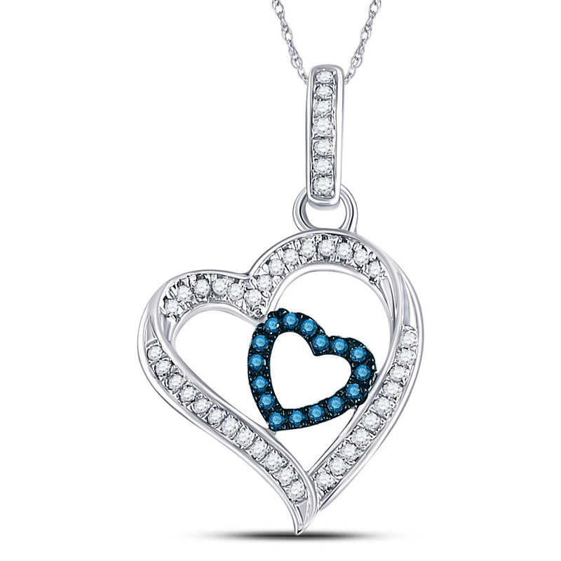 10kt White Gold Womens Round Blue Color Enhanced Diamond Nested Heart Pendant 1/6 Cttw