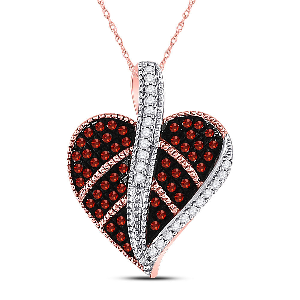 10kt Rose Gold Womens Round Red Color Enhanced Diamond Milgrain Heart Leaf Pendant 1/5 Cttw