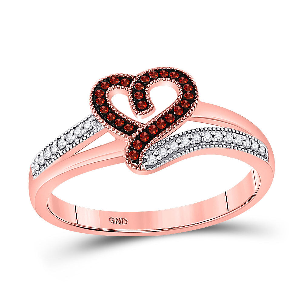 10kt Rose Gold Womens Round Red Color Enhanced Diamond Heart Ring 1/8 Cttw