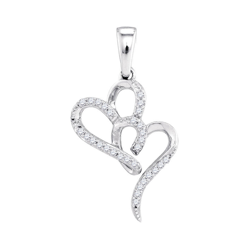 10kt White Gold Womens Round Diamond Double Heart Pendant 1/10 Cttw