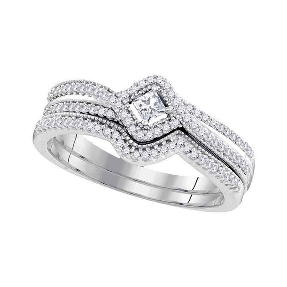 10k White Gold Princess Diamond Bridal Wedding Ring Band Set 1/3 Cttw