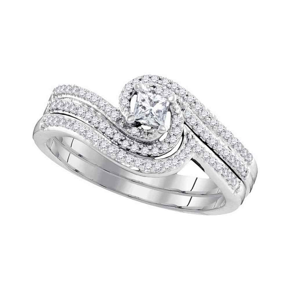 10k White Gold Princess Diamond Bridal Wedding Ring Band Set 3/8 Cttw