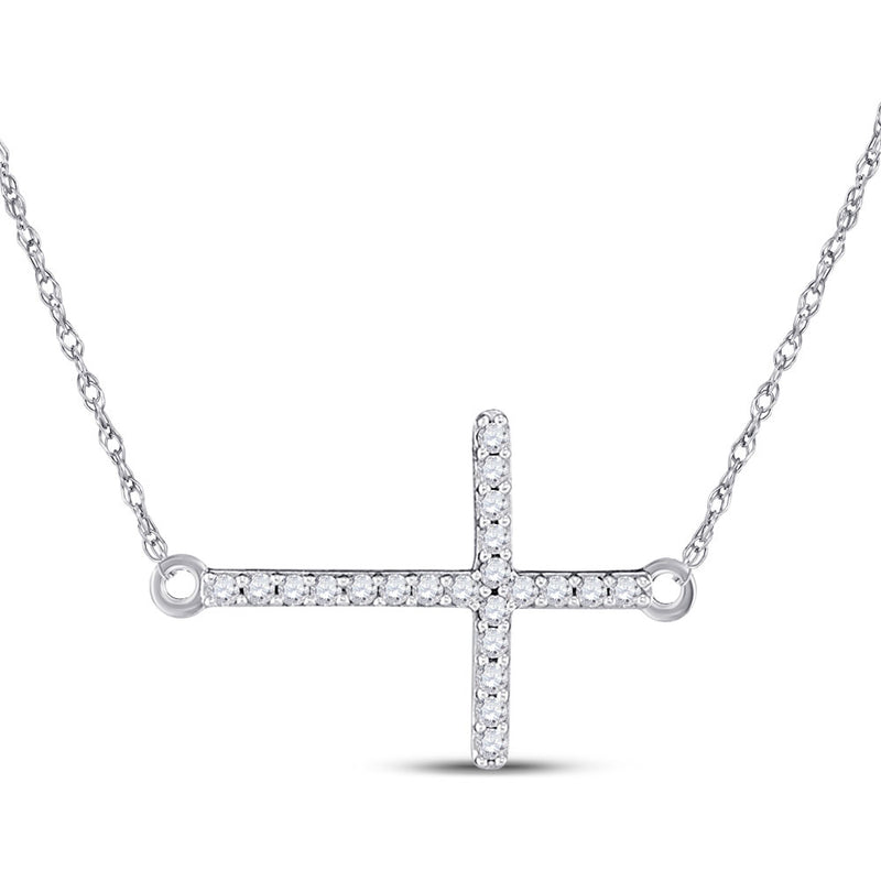 10kt White Gold Womens Round Diamond Horizontal Cross Necklace 1/20 Cttw