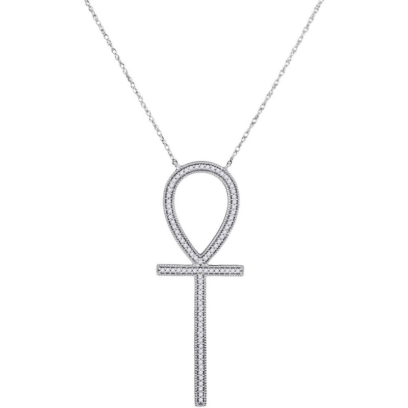 10kt White Gold Womens Round Diamond Ankh Cross Necklace 1/4 Cttw