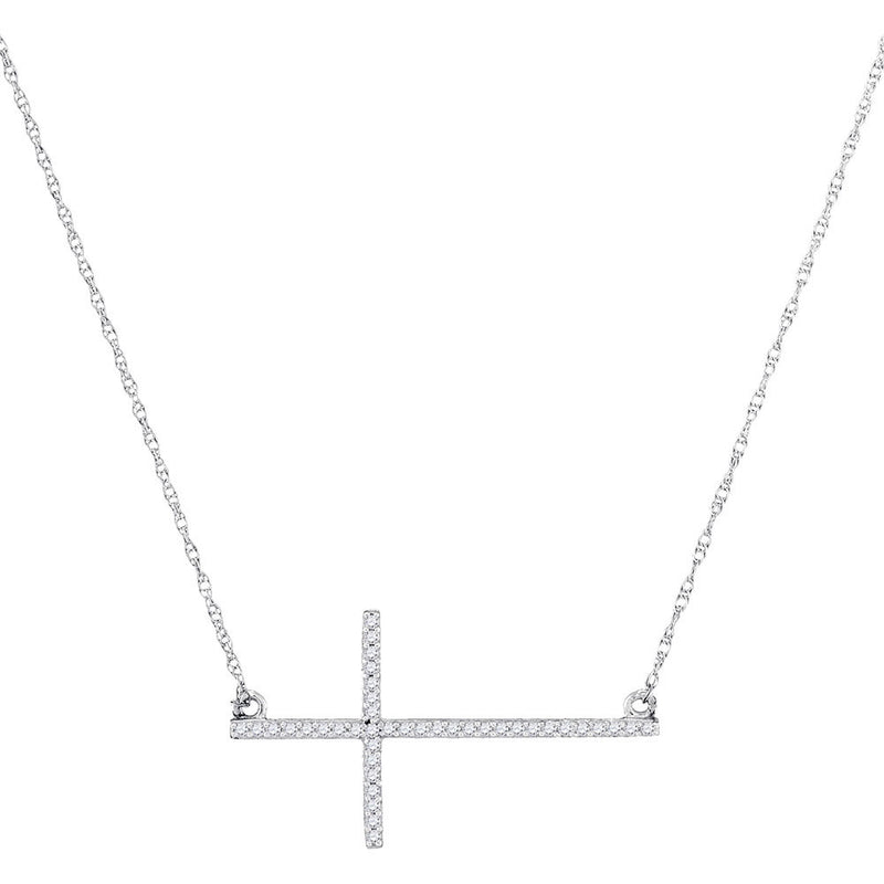 10kt White Gold Womens Round Diamond Horizontal Cross Pendant Necklace 1/8 Cttw