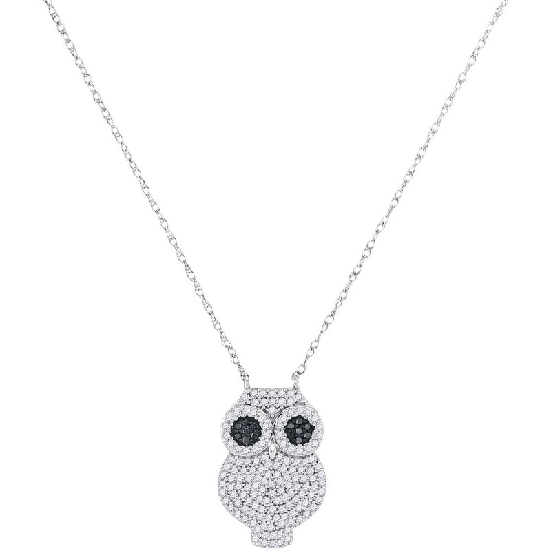 10kt White Gold Womens Round Black Color Enhanced Diamond Owl Animal Necklace 3/8 Cttw