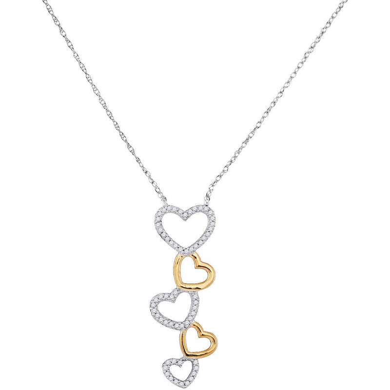 10kt Two-tone White Gold Womens Round Diamond Cascading Heart Pendant Necklace 1/6 Cttw