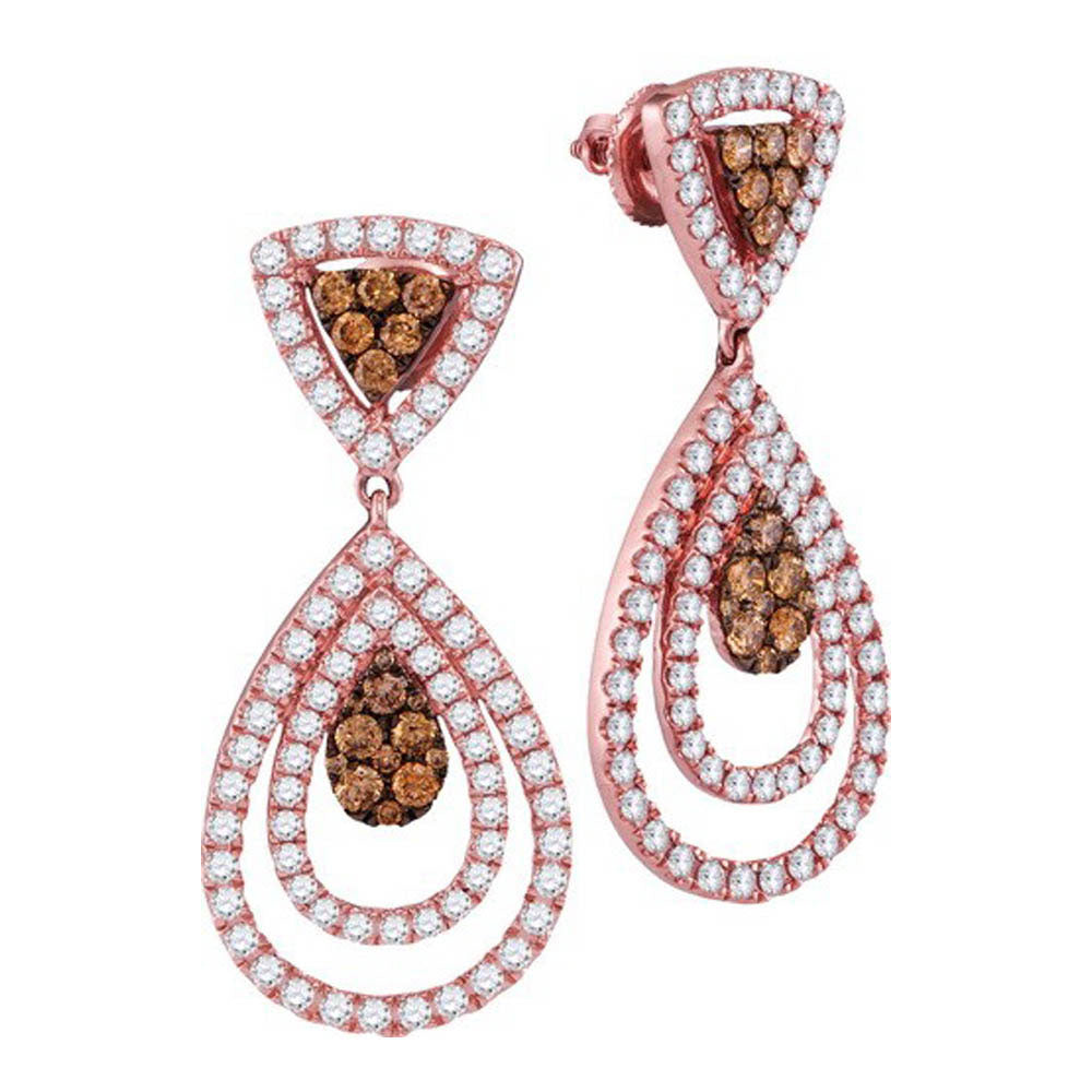 14kt Rose Gold Womens Round Brown Diamond Teardrop Dangle Earrings 2-1/2 Cttw