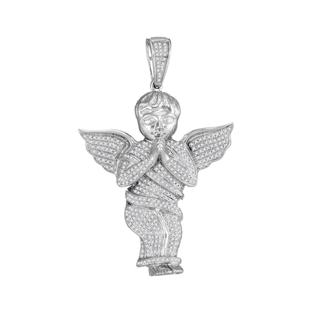 10kt White Gold Mens Round Diamond Angel Cherub Charm Pendant 1 Cttw