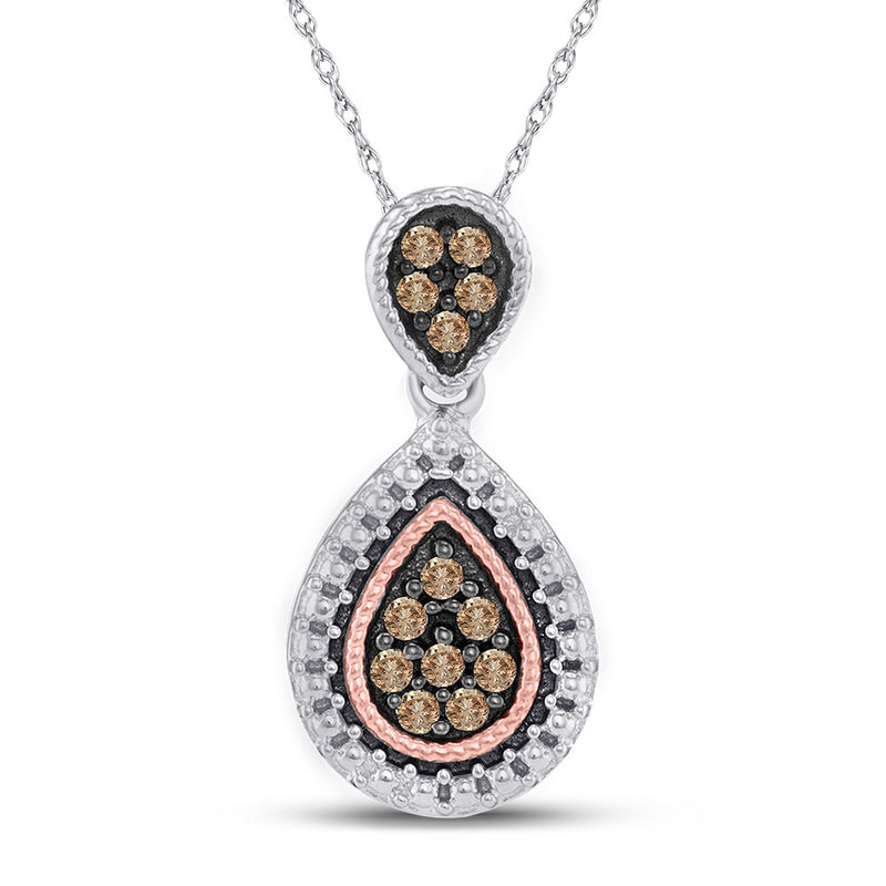 Sterling Silver Womens Round Brown Diamond Teardrop Cluster Pendant 1/6 Cttw