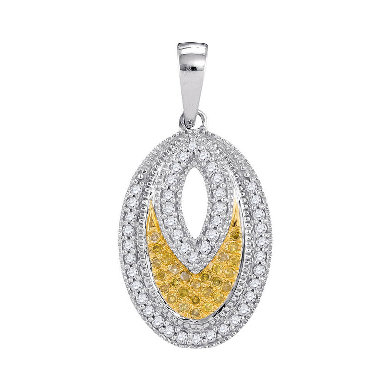 10kt White Gold Womens Round Yellow Color Enhanced Diamond Oval Milgrain Pendant 1/5 Cttw